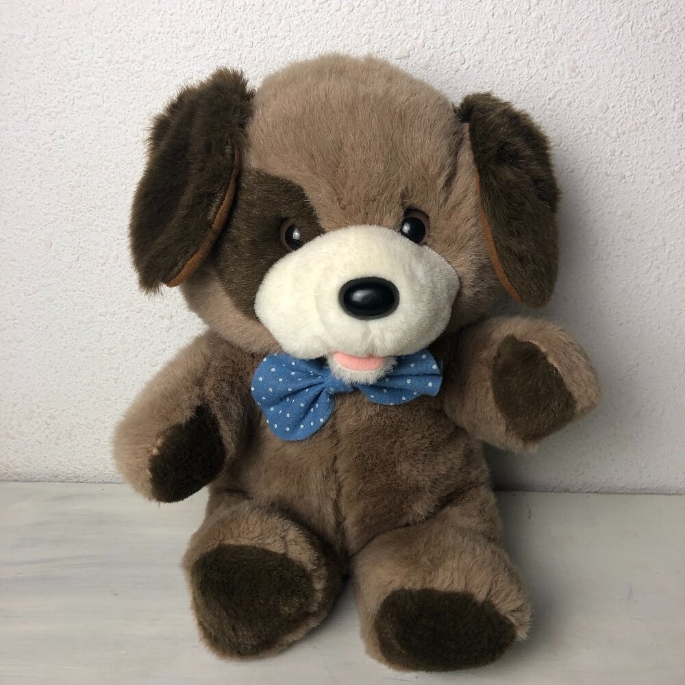 Puppy Dog Brown Spoted Eye Vintage 1988 Fairview Plush Blue‎ Bow